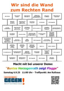 Plakat zur Demo. Das Bild zeugt eine symbolische Mauer gegen Rechts, auf der die Mitglieder des Bündnisses abgebildet sind.